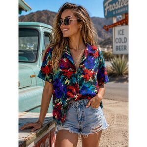 Vintage Hill Archer Tropical Floral Button Front Blouse Women's Medium abstract